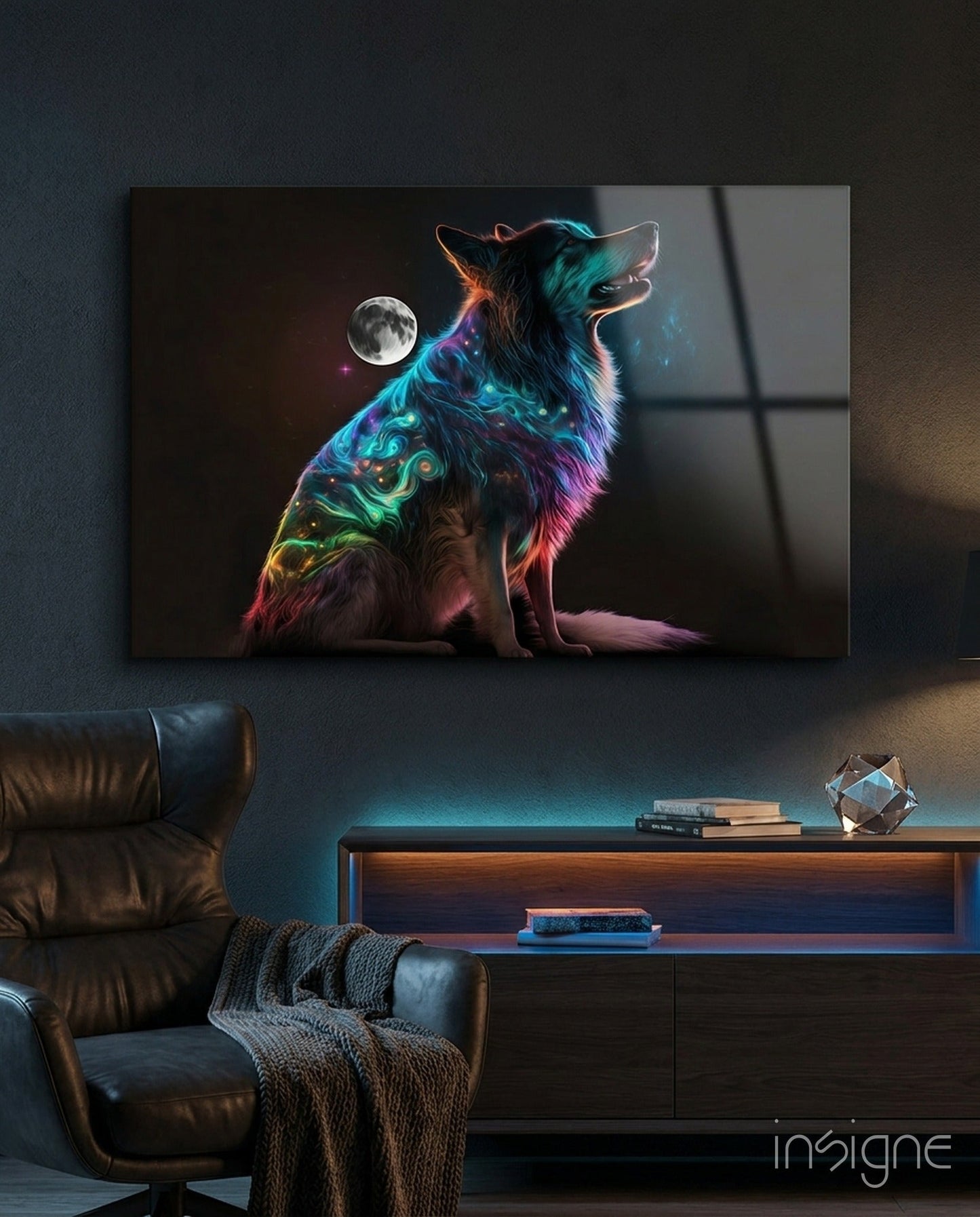 Space dog glass wall art, cosmic wolf-dog with neon swirls on tempered glass