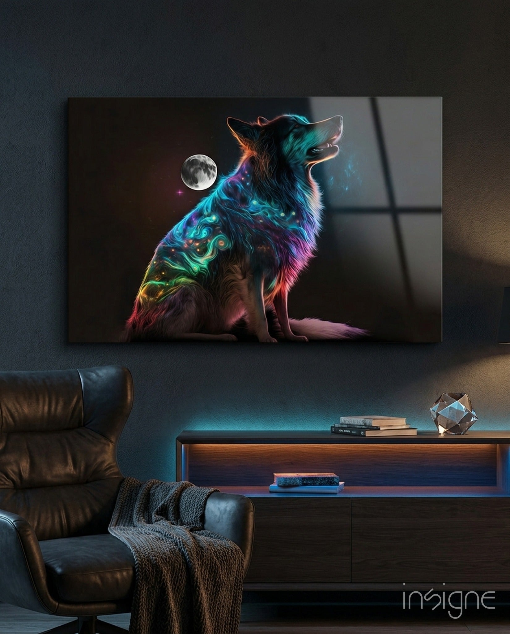 Space dog glass wall art, cosmic wolf-dog with neon swirls on tempered glass