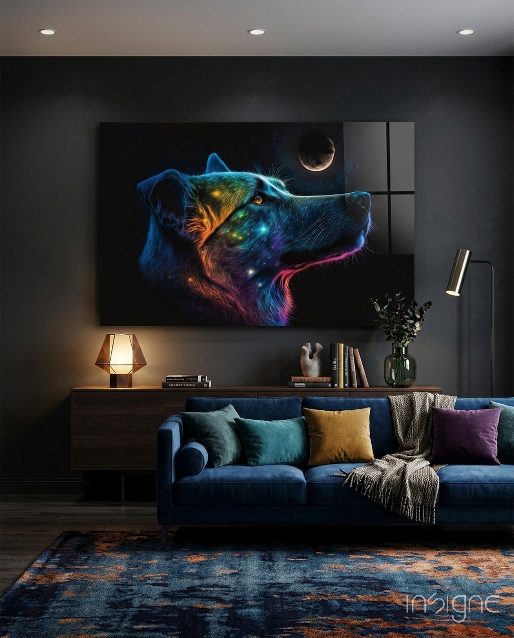 Space Dog glass wall art hanging in a modern room