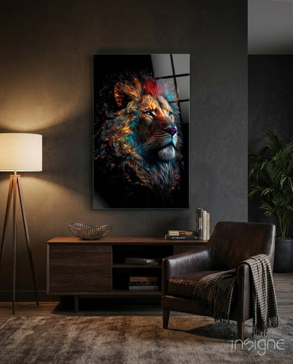 Sparkling Glory Lion glass wall art hanging in a modern room