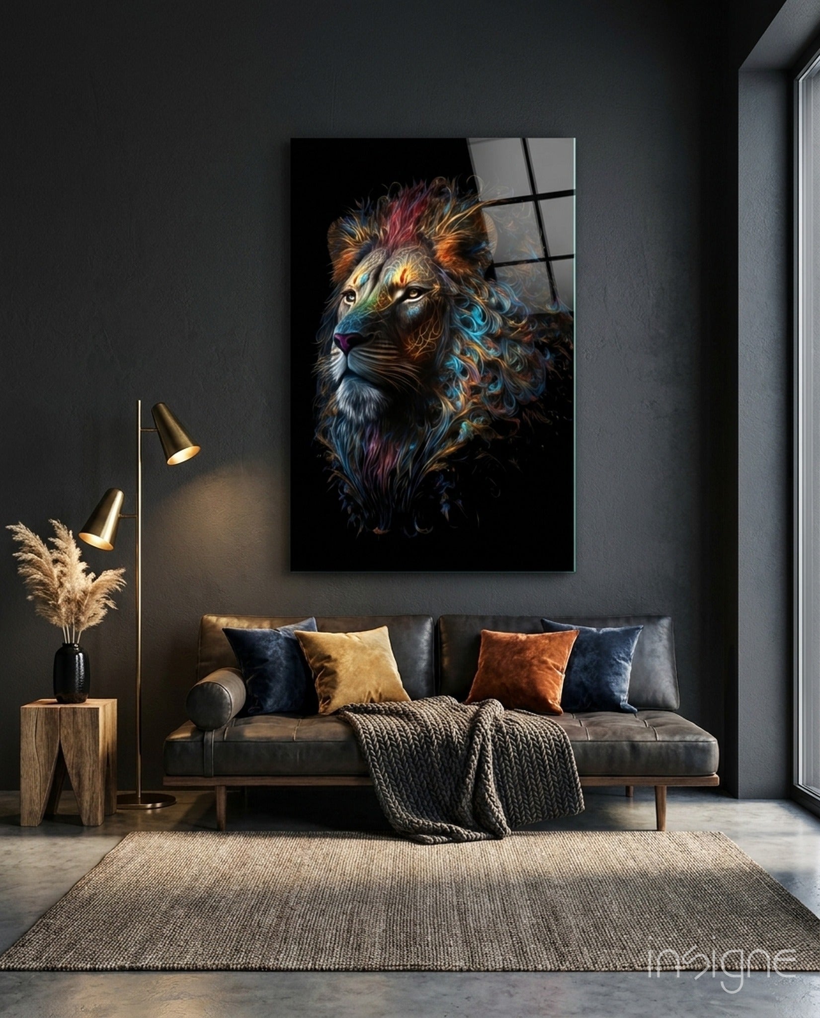 Sparkling Glory Lion glass wall art hanging in a modern room