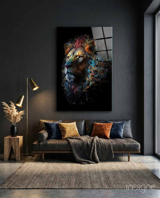 Sparkling Glory Lion glass wall art hanging in a modern room