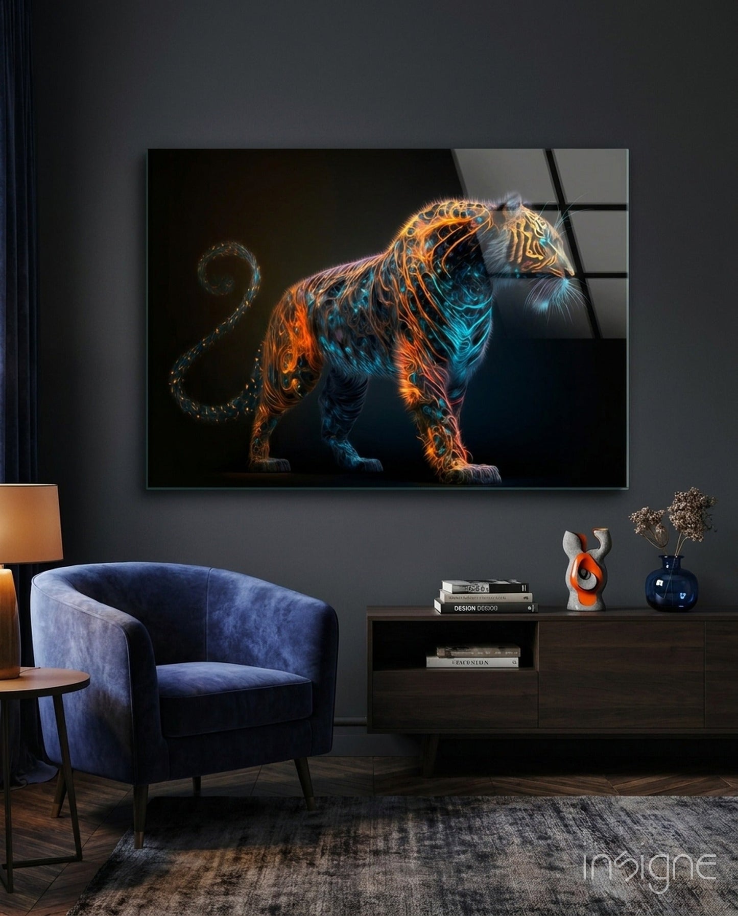 Sparkling Glory Tiger glass wall art hanging in a modern room