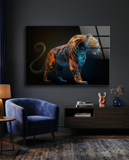 Sparkling Glory Tiger glass wall art hanging in a modern room