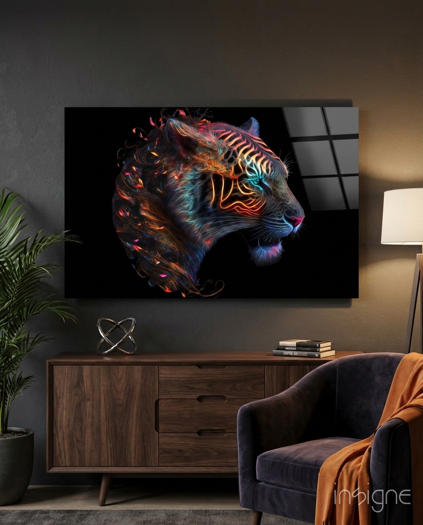 Sparkling Glory fire tiger glass wall art display