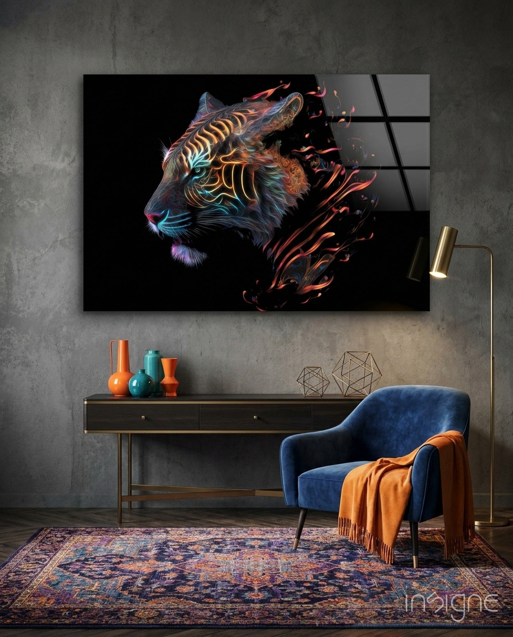 Sparkling glory flame tiger glass wall art