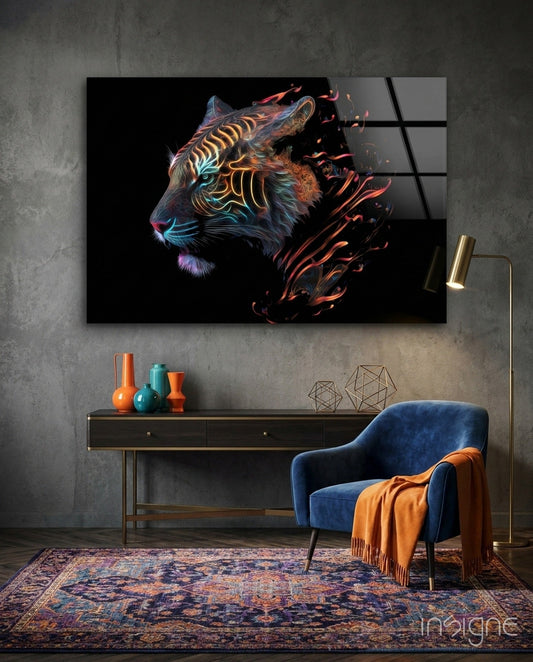 Sparkling glory flame tiger glass wall art