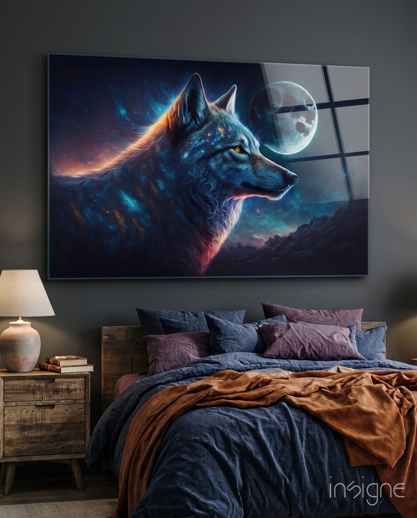 Sparkling Freedom Aurora wolf glass wall art display