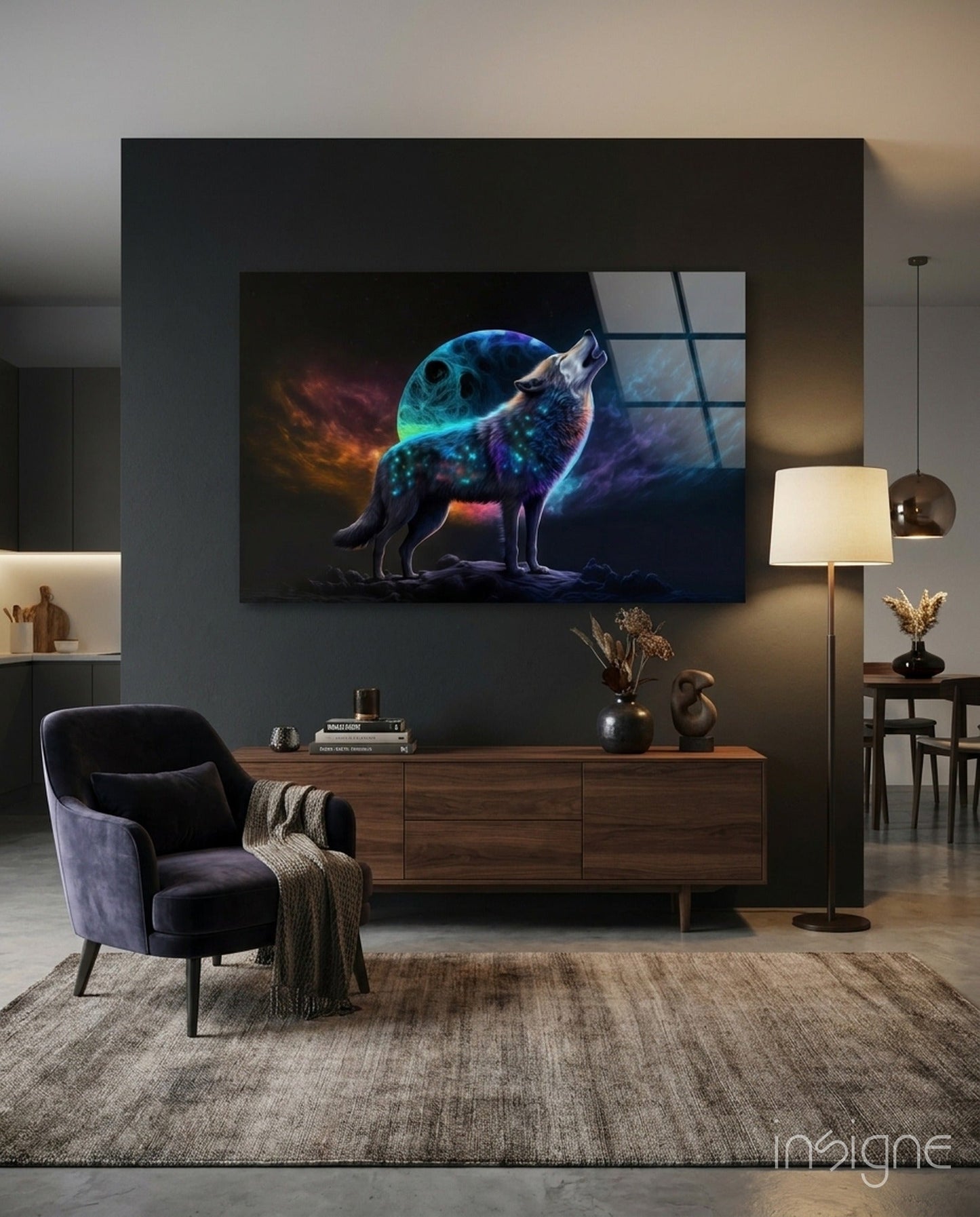 Sparkling freedom wolf moon glass wall art