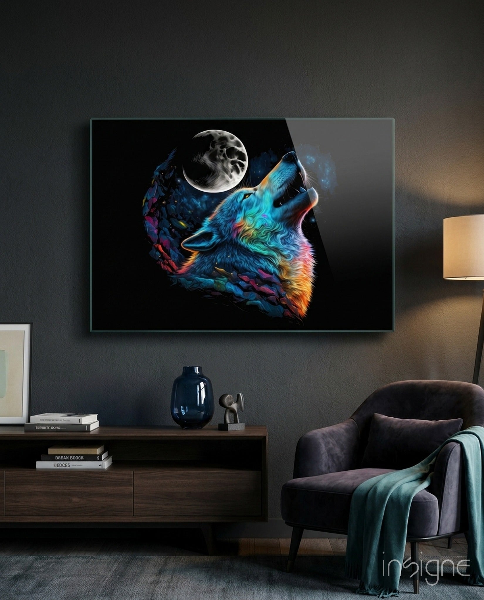 Sparkling freedom howling wolf glass wall art