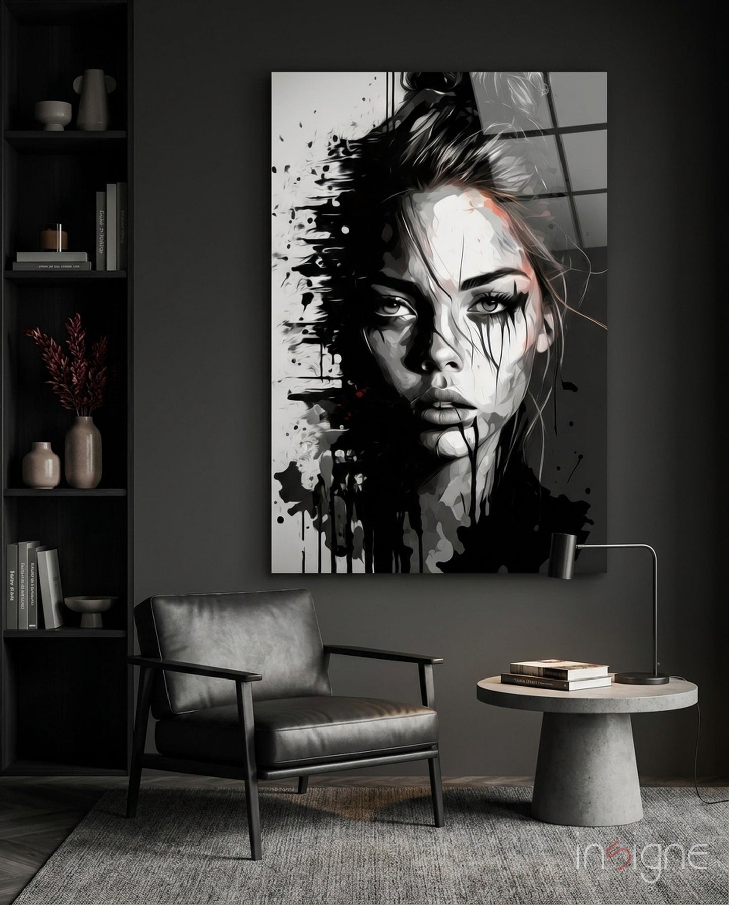 Scribbled beauty ink splatter portrait glass wall art