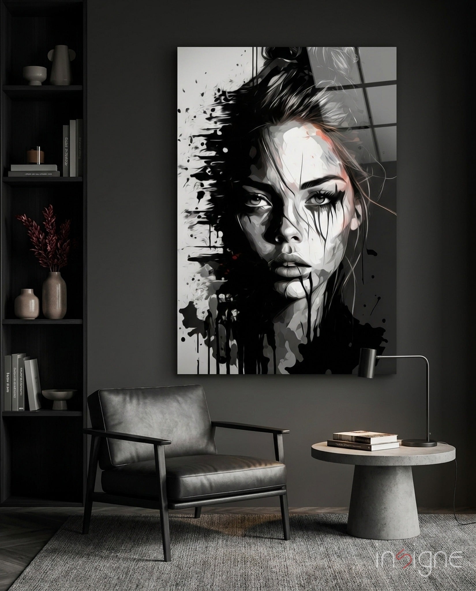 Scribbled beauty ink splatter portrait glass wall art