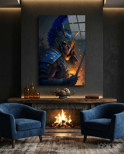 Master Warrior glass wall art hanging in a modern room