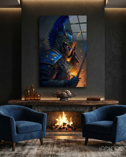 Master Warrior glass wall art hanging in a modern room