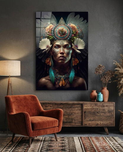 Flower Monarch glass wall art hanging in a modern room