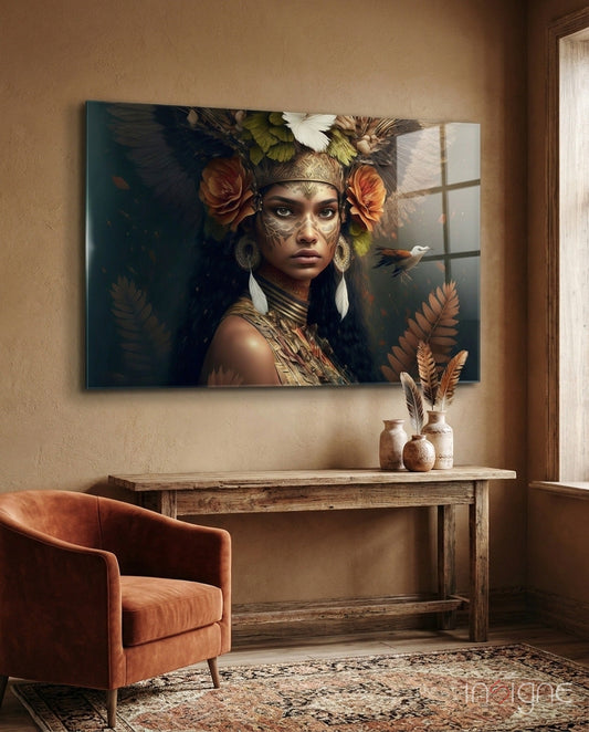 Princess of Flowers glass wall art hanging in a modern room