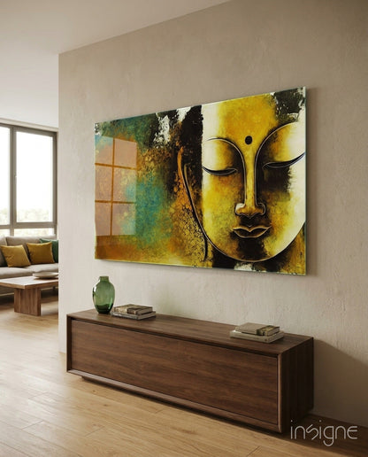 Buddha glass wall art hanging in a modern living room
