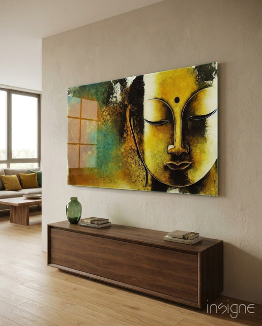 Buddha glass wall art hanging in a modern living room