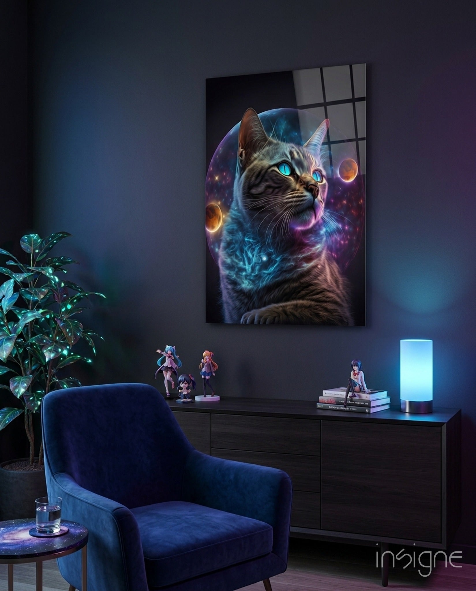 Moon Cat glass wall art hanging in a modern living room