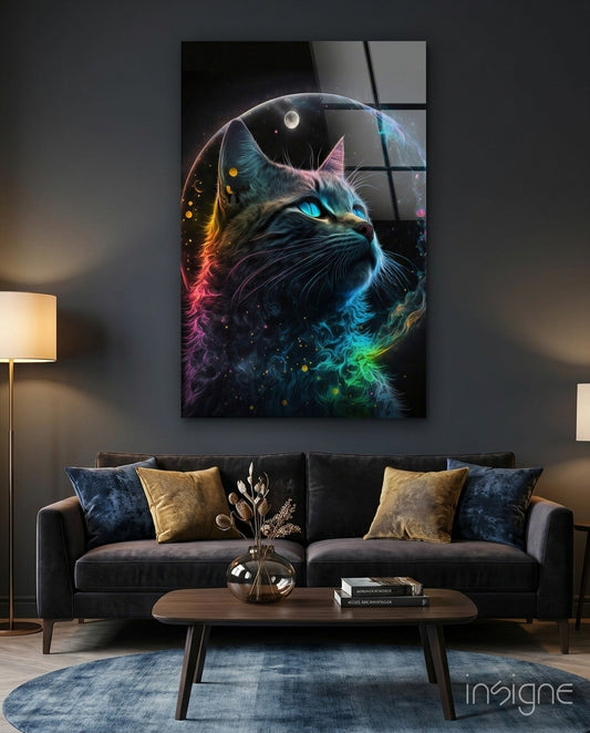 Moon cat glass wall art print of a cat beneath a glowing moon on tempered glass