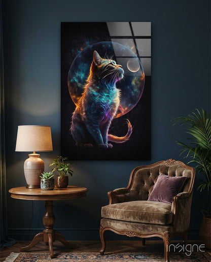 Moon Cat glass wall art hanging in a modern living room