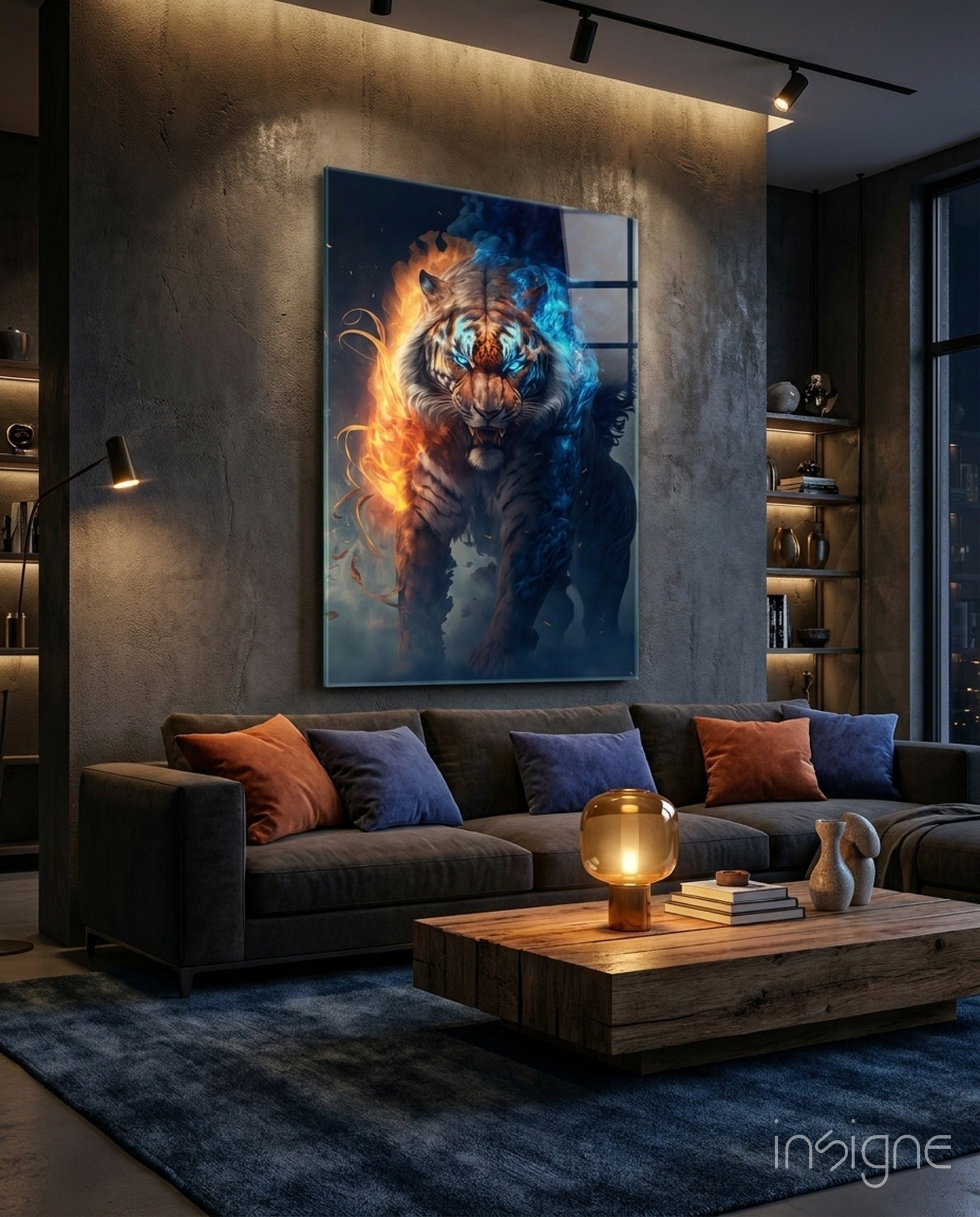 Flaming Nobility Tiger glass wall art hanging in a modern room