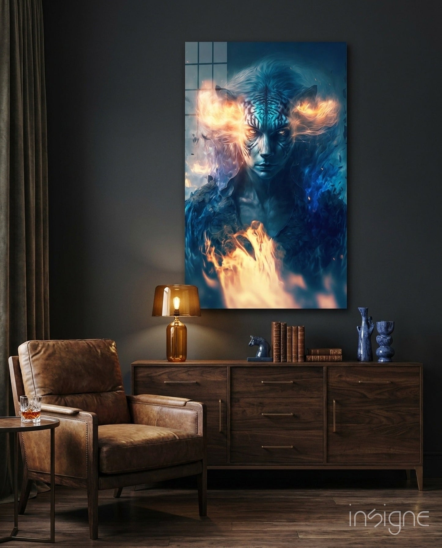 Epic Tiger glass wall art hanging in a modern room