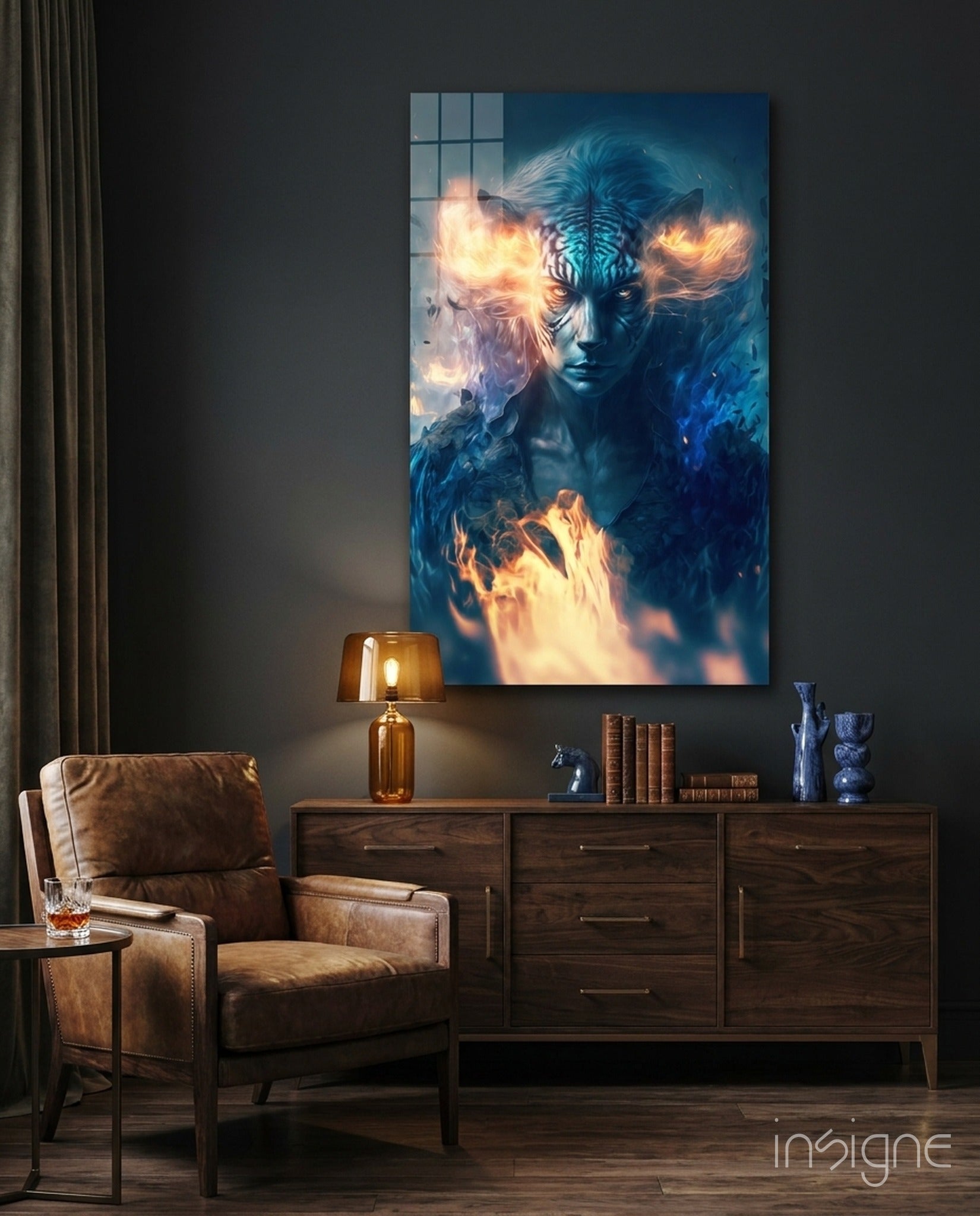 Epic Tiger glass wall art hanging in a modern room