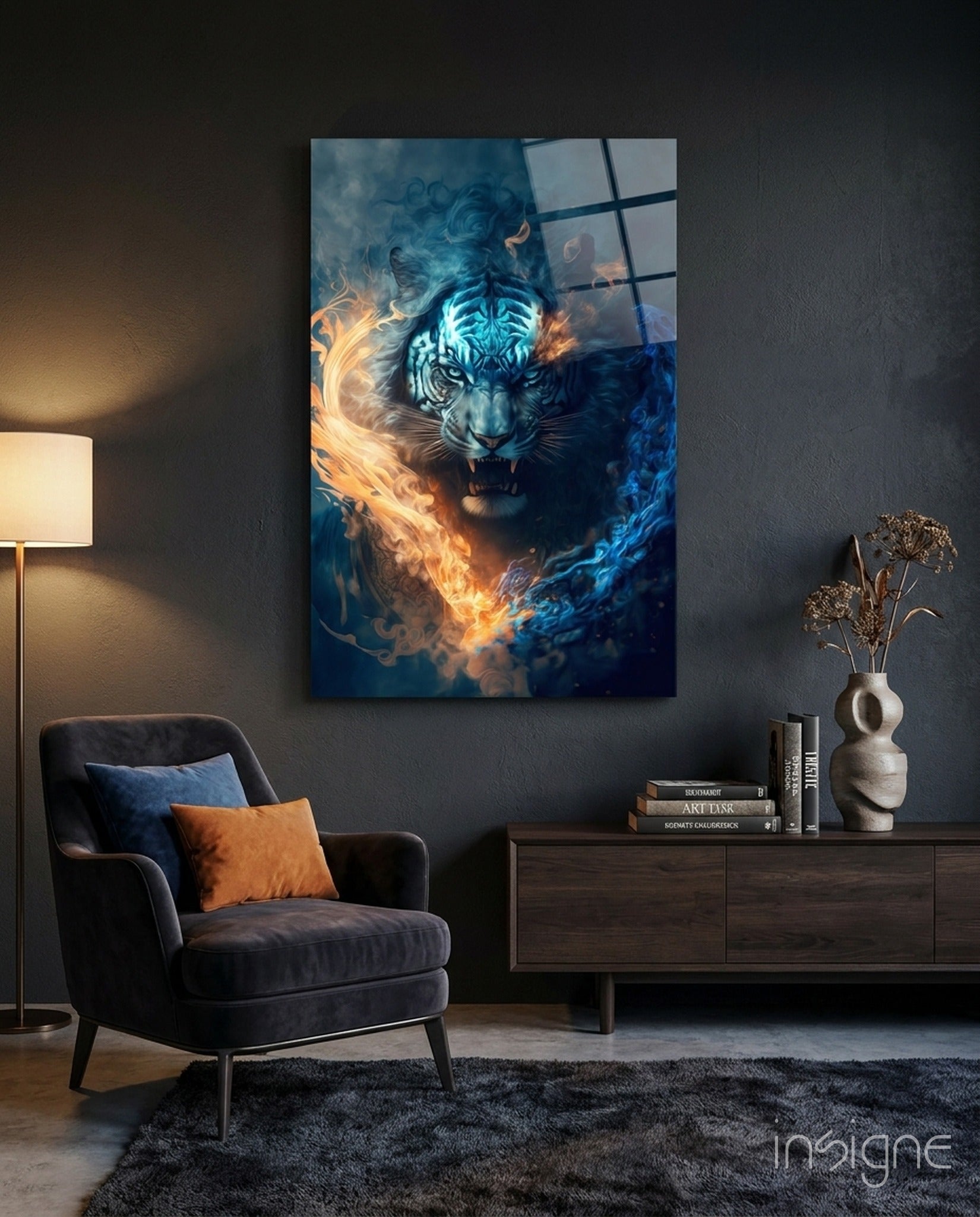Flaming Anger tiger fire glass wall art hanging display