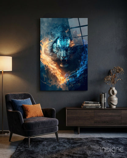 Flaming Anger tiger fire glass wall art hanging display