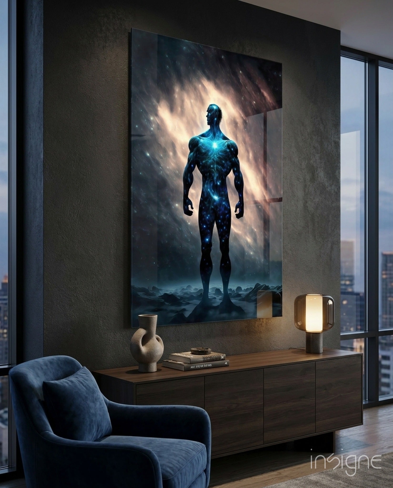 Vitruvius Man Nebula cosmic glass wall art display