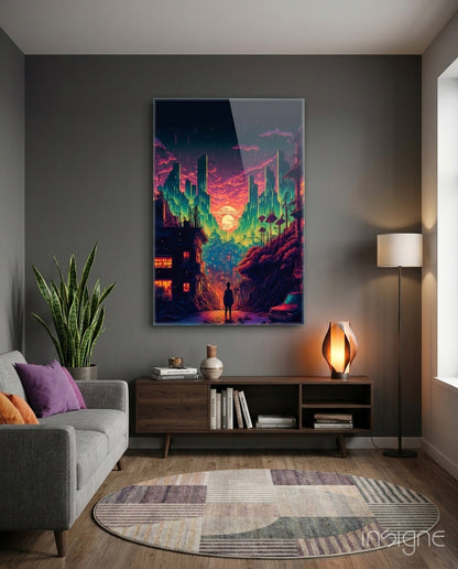 Walk to the New Life glass wall art hanging in a modern room
