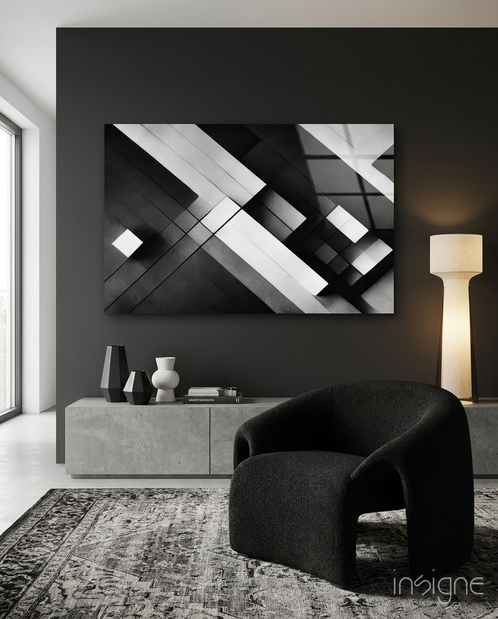 Cubic glass wall art hanging in a modern living room
