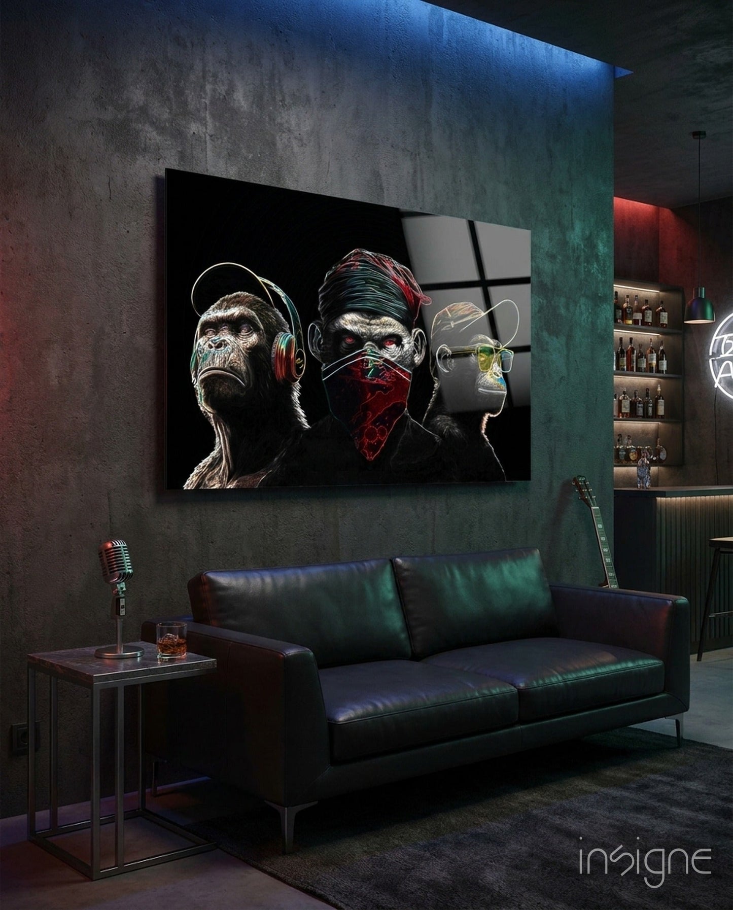 3 Wise Monkeys Neon Lines glass wall art