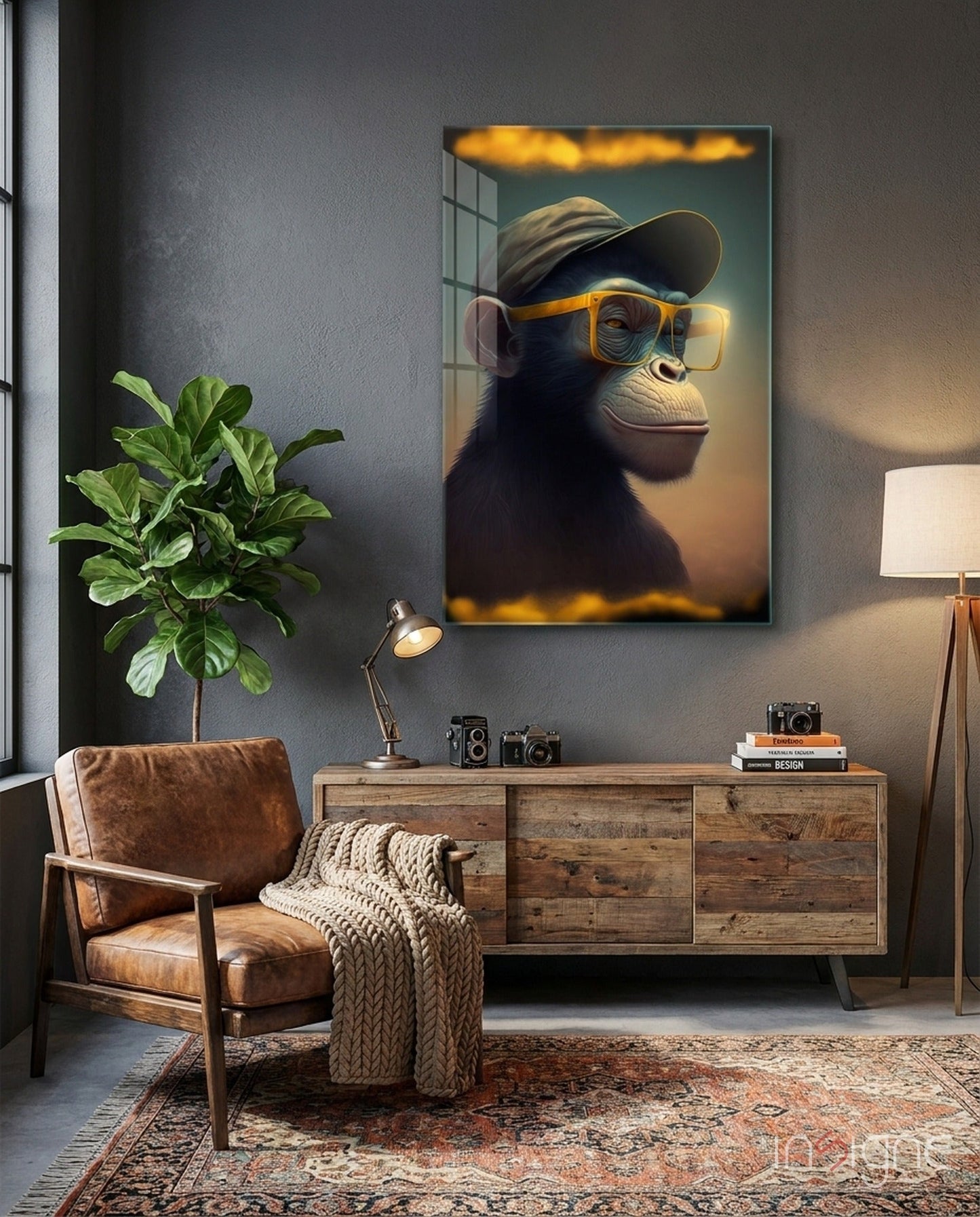 Wise Monkey whimsical glass wall art in amber and charcoal