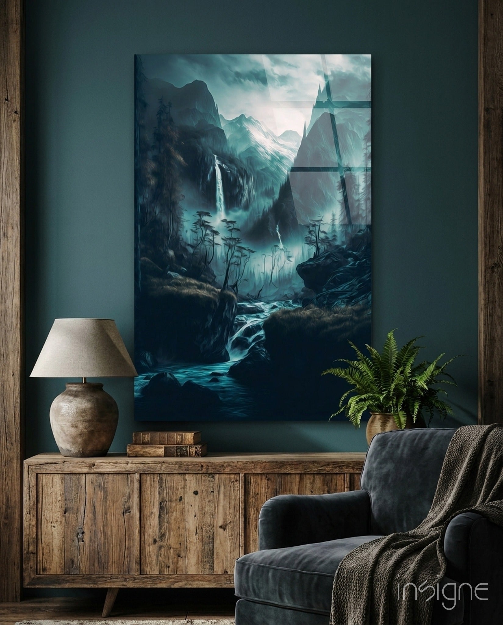 Misted valley teal waterfall glass wall art