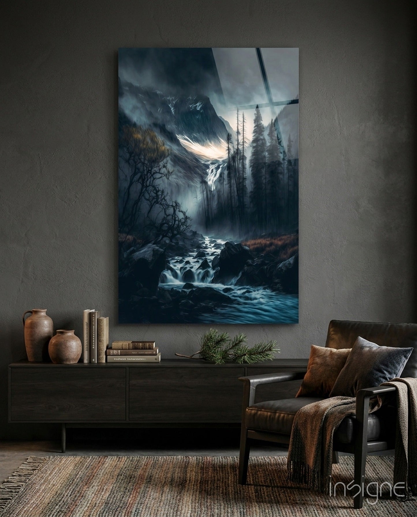Dreamtopia alpine canyon waterfall glass wall art