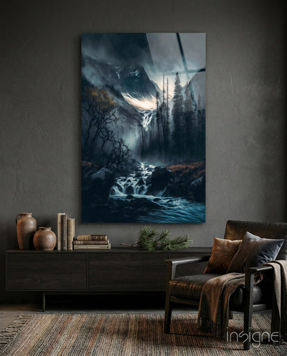Dreamtopia alpine canyon waterfall glass wall art