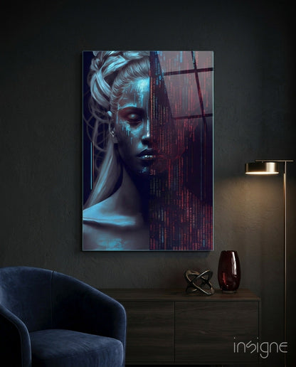Human Software glass wall art with ice-blue and crimson cyber portrait design