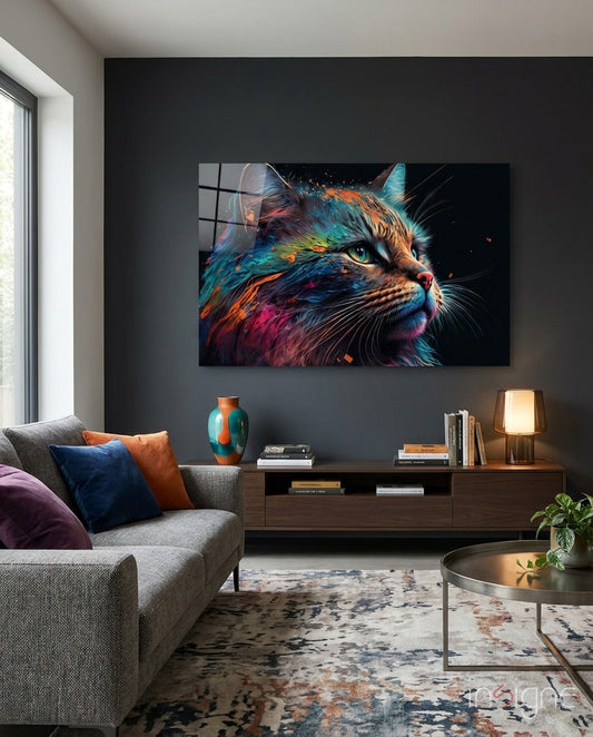 Colorful cat glass wall art with vibrant feline portrait on glossy tempered glass