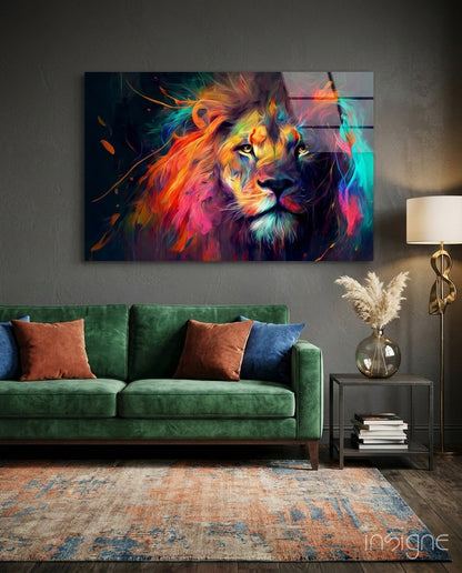Lion glass wall art - crimson and teal design