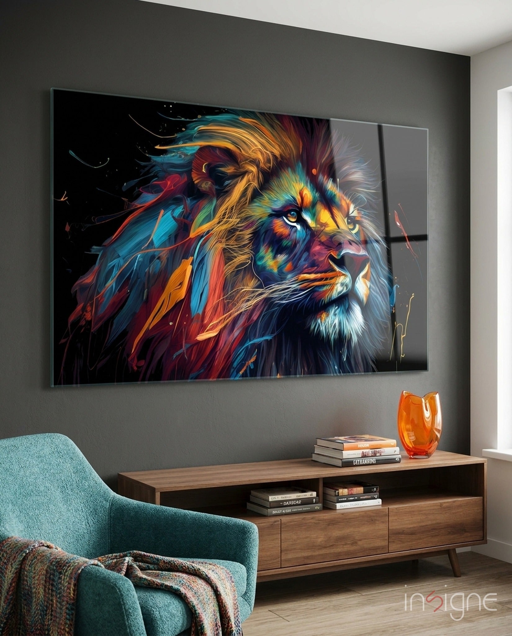 Nobility of the Lion glass wall art with golden-maned lion in ochre tones