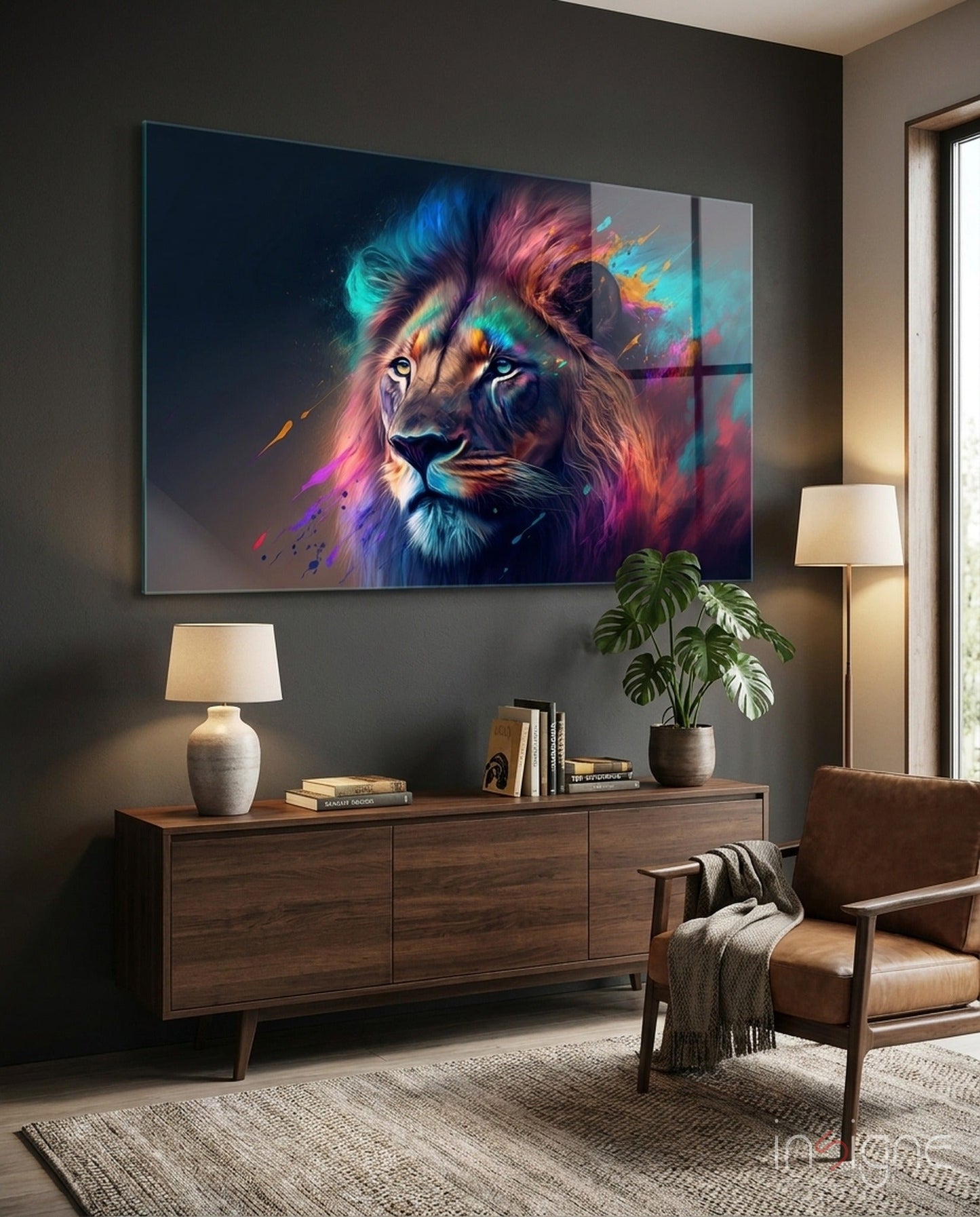 Lion glass wall art - regal cobalt design