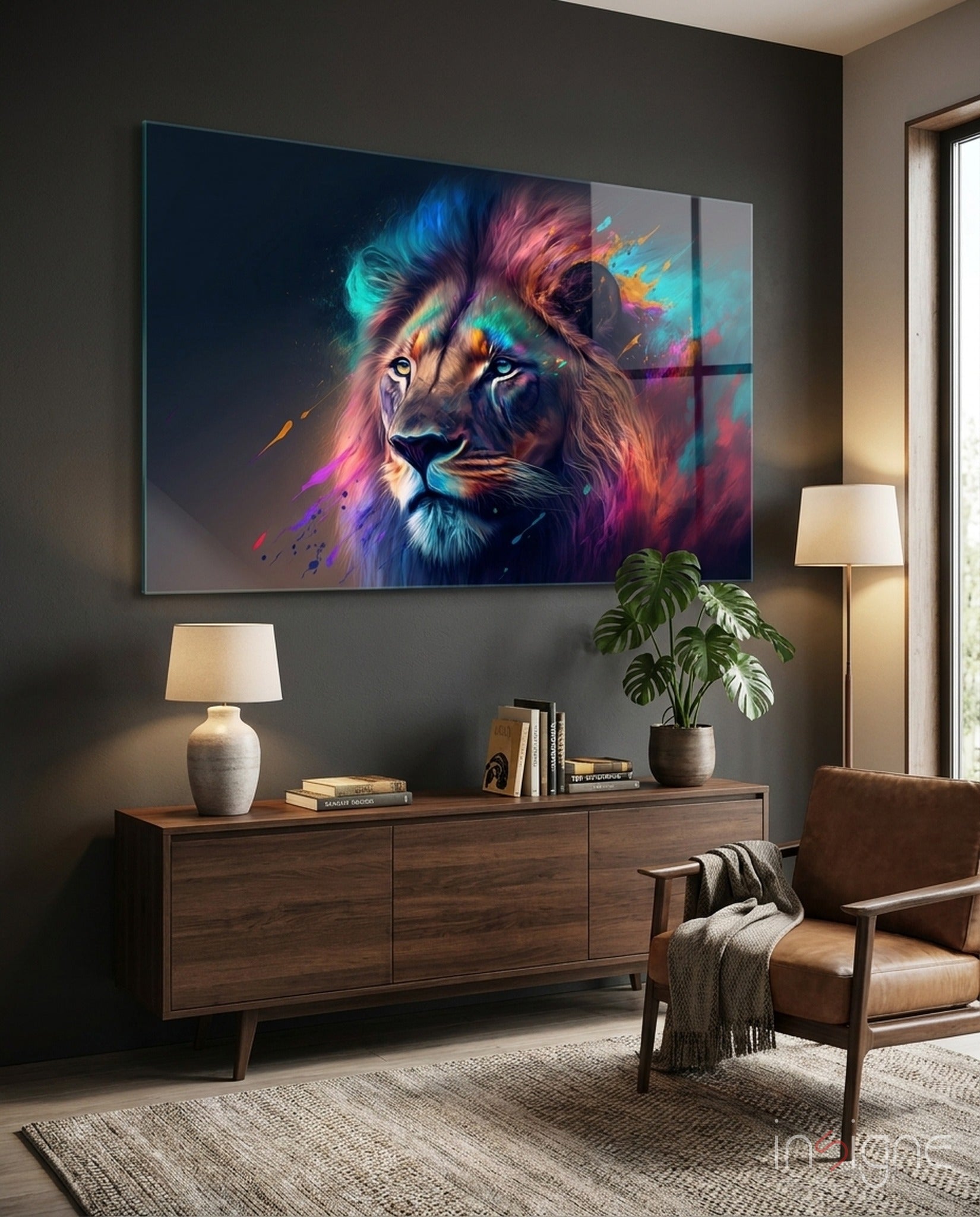 Lion glass wall art - regal cobalt design
