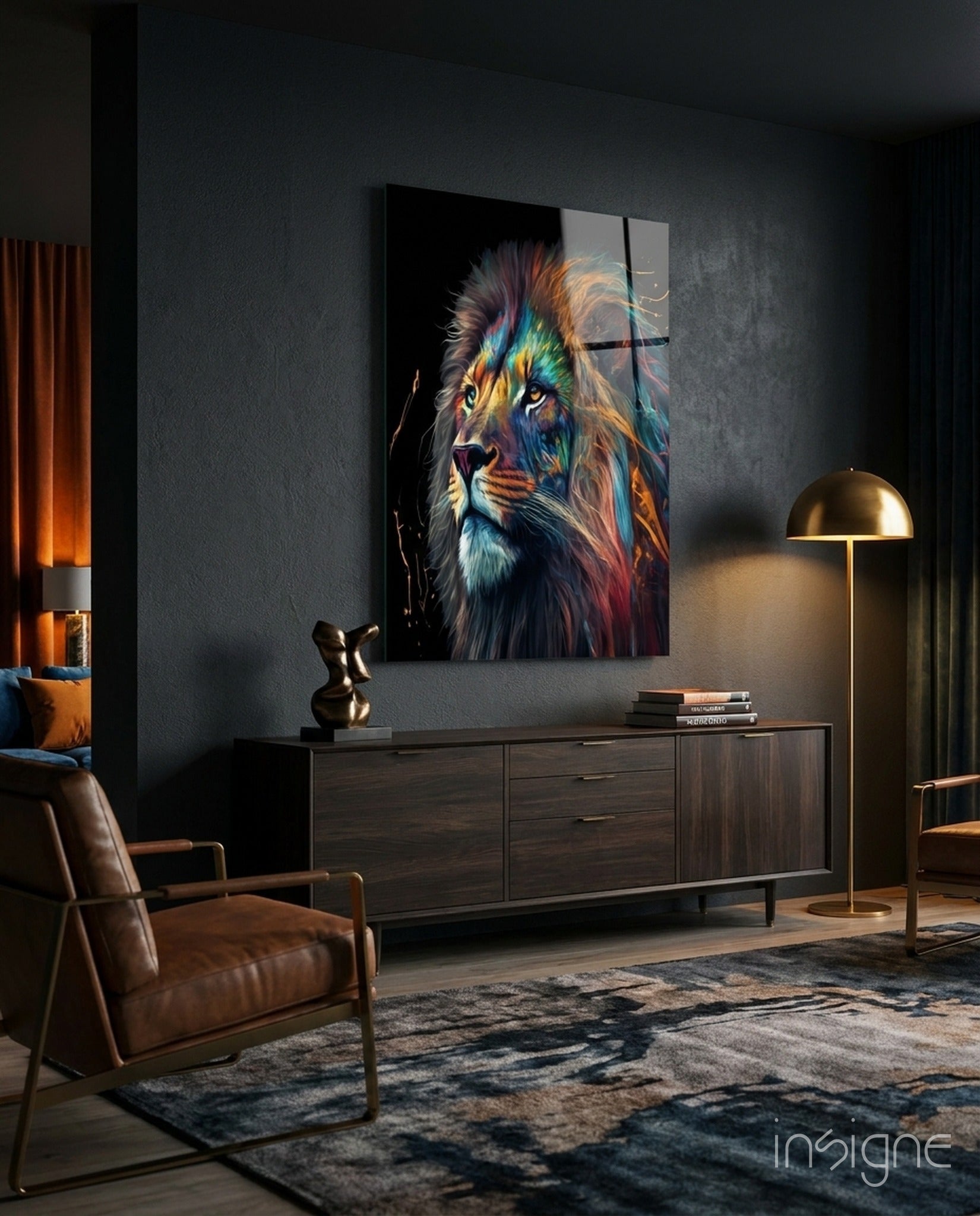 Lion glass wall art - peacock blue design