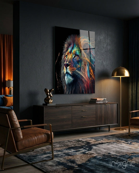 Lion glass wall art - peacock blue design