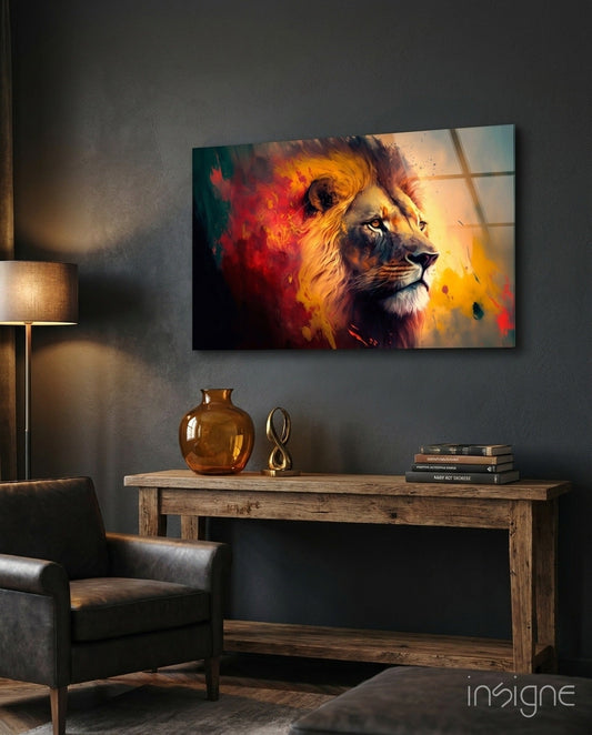 Lion glass wall art - smoldering ochre design