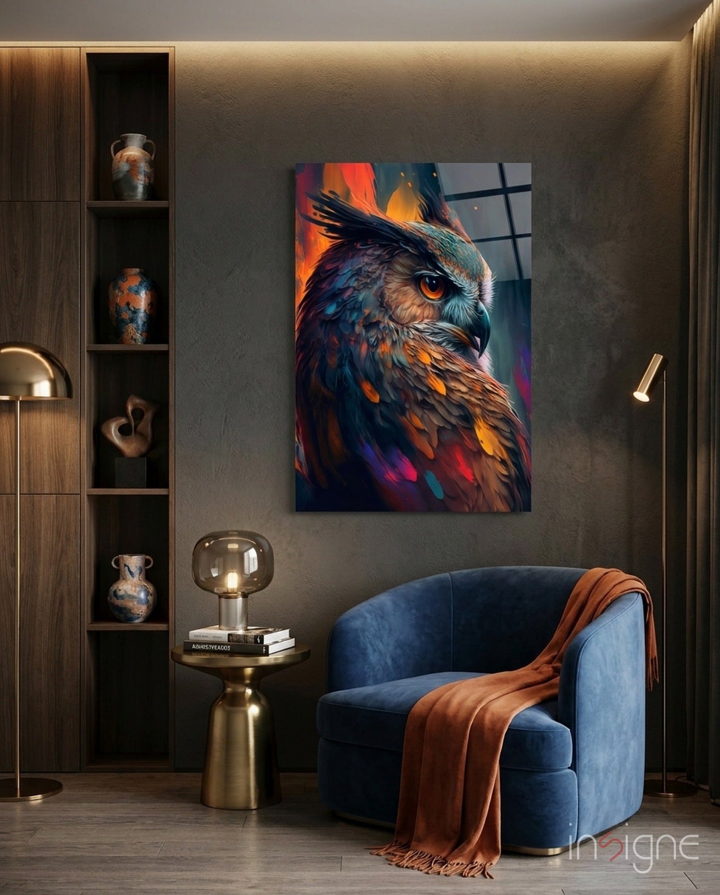 Owl glass wall art - warm ember design