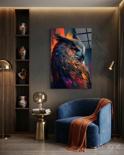 Owl glass wall art - warm ember design