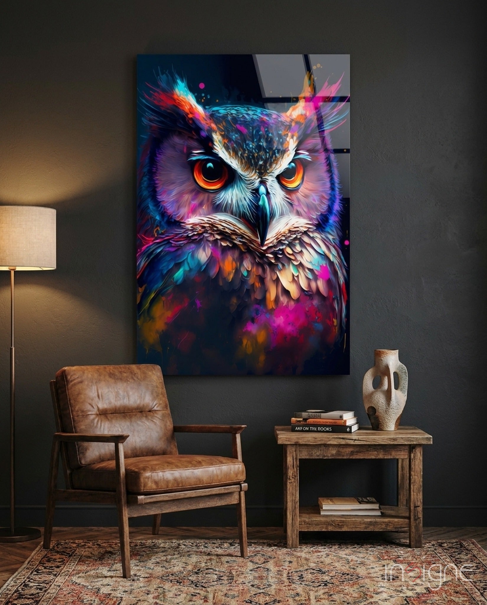 Owl glass wall art - vibrant amber-eyed design